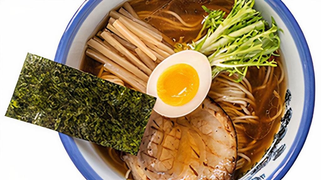 Yuzu Shoyu · shoyu tare, chicken broth, yuzu, bamboo shoots, egg, chashu pork, endive, fried garlic, nori