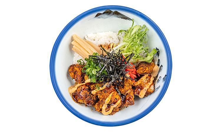 Spicy Tori Karaage Gohan · spicy chicken karaage, chili sauce, spicy mayo, frisee, green onion, pickled ginger, nori, sesame, bamboo