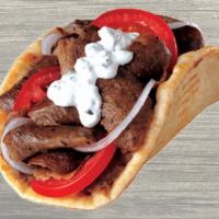 Gyros Pita · Hand carved seasoned beef and lamb, onions, tomatoes and Tzatziki sauce.