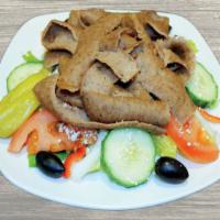 Gyros Salad · Greek Salad with Gyros Meat and Tzatziki Sauce.