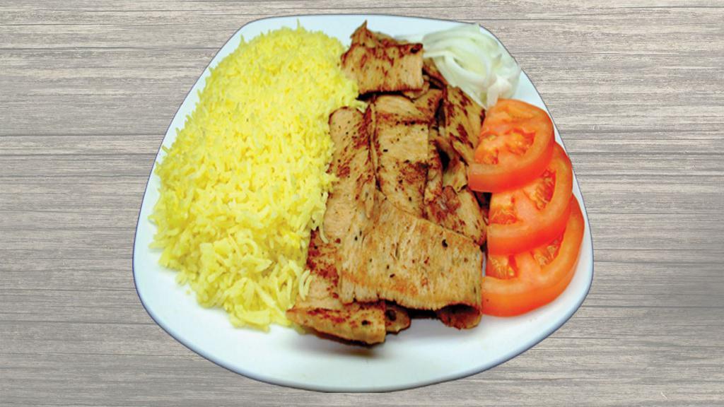 Chicken Gyros Plate · Seared layers of seasoned chicken, boiled on a vertical skewer, thinly sliced, served with Rice, pita bread, tomatoes, onions and Tzatziki sauce.