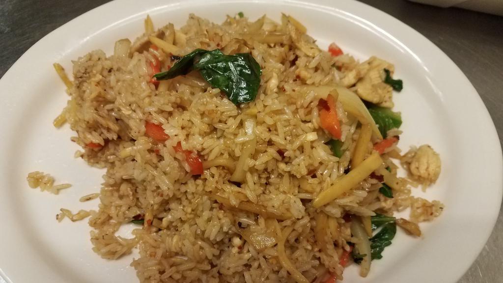 Basil Fried Rice · Rice, onion, carrots, bell pepper, bamboo, and basil.