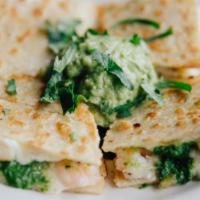 Quesadilla · Grilled, handmade masa tortillas, four Mexican cheeses, cilantro, guacamole