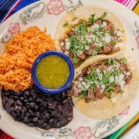 Carne Asada Taco Plate · Grilled Harris Ranch natural steak, white onion, cilantro, four mexican cheeses, salsa de to...
