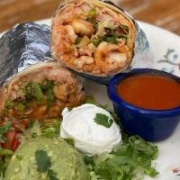 Shrimp Burrito · Pan seared shrimp marinated in adobo chipotle and ancho pepper, in a large flour tortilla, r...