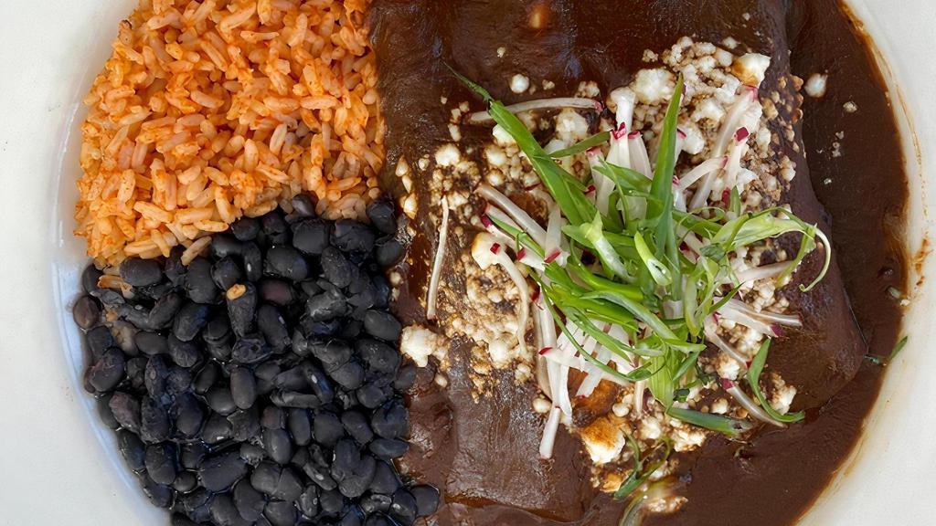 Mole Negro · Deep, dark, rich red mole with a small kick. Two enchiladas with your choice of filling served with Spanish rice and vegetarian black beans.