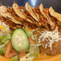 Tacos Gobernador · Includes rice and beans (incluye arroz y frijoles).