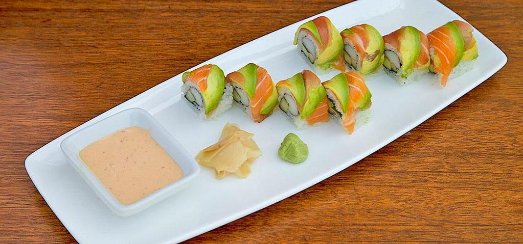 Rainbow Roll · Crabmeat, cucumber, avocado inside, topped with 4pc fish.