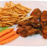 Crispy Chicken & Cajun Fries · Choice of salt and pepper, honey BBQ, Asian zing, garlic butter. Our Crispy Chicken Wings ha...