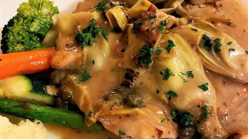 Polletto Ai Carciofi E Capperi · Pan seared chicken breast, grilled artichokes, capers, and roasted garlic. Finished with a soave wine lemon butter sauce.