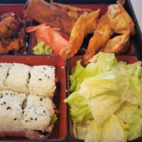Bento · Chicken Teriyaki, 8pcs california roll, 2pcs shrimp tempura, 1pc egg roll, 3pcs gyoza, small...