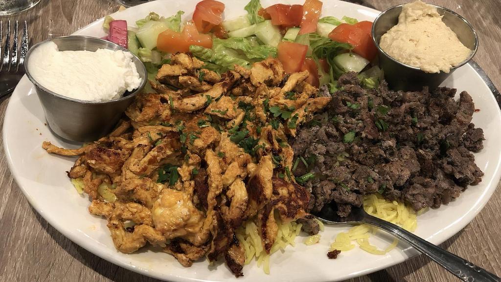 Mijana Mix Grill (For 1) · Half chicken, half beef and one kofta kebab. Served over rice, salad and pickles.