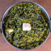Saag Paneer · Gluten-free, Nut-free, CONTAINS DAIRY. Creamed spinach with our freshly made paneer cheese.