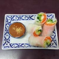 Fresh Rolls (4 Pieces) · Rice rolls stuffed with vegetables, noodles and tofu. Served with special peanut sauce.