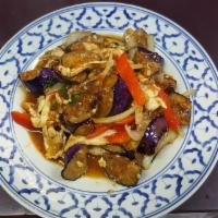 Eggplant Delight · Eggplant with chili paste, bell pepper, onion, and basil.