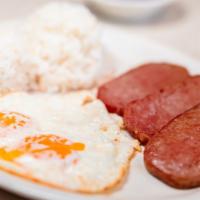 Spam · 2 eggs any style. Choice of rice or toast.