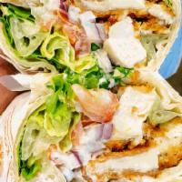 Chicken Tender Wrap · Breaded chicken tenders, romaine lettuce, tomatoes, red onions & our ranch dressing wrapped ...