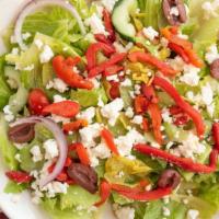 Greek Salad · Chopped romaine, cucumbers kalamata olives, red onion, roasted red pepper, grape tomatoes, p...