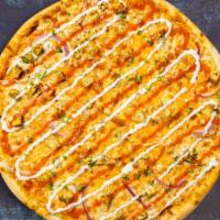 Brawny Buffalo Chicken Pizza · Buffalo sauce, juicy chicken, mozzarella, marinara, chopped garlic, and extra virgin olive o...