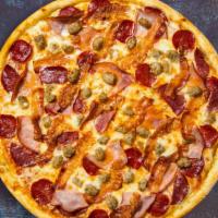 S&P Collaboration Pizza · Generous amounts of sausage, pepperoni, mozzarella, marinara, chopped garlic,  and extra vir...