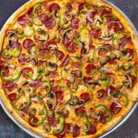 Shroomy Pepperoni Pizza  · Pepperoni, mushrooms, mozzarella, marinara, chopped garlic, and extra virgin olive oil baked...