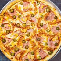 Feisty Ohana Pizza  · Fresh pineapples, ham, mozzarella, and spicy jalapenos baked on a hand-tossed dough. Persona...