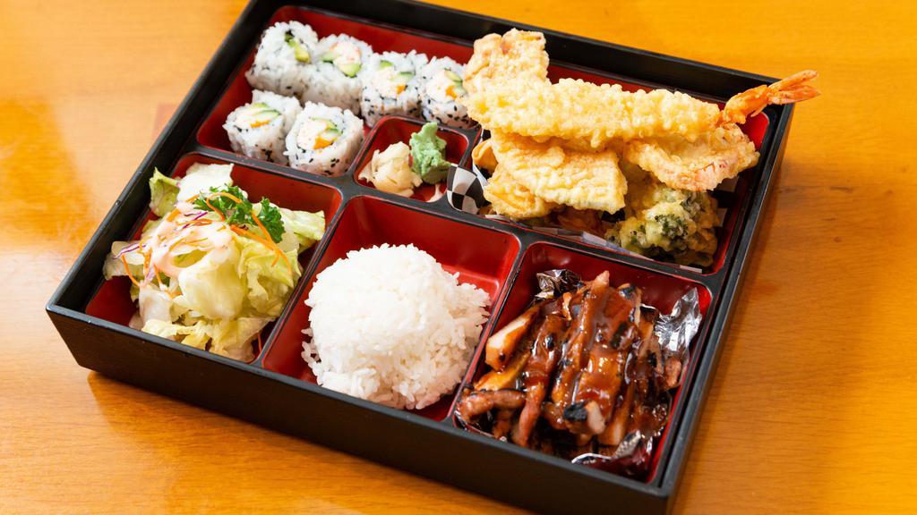 Sushi Bento (Large) · Comes with 2pcs Gyoza ,Rice, Veggie Tempura, Salad & Miso Soup.