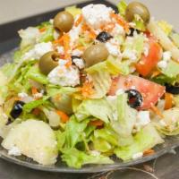 Mediterranean Salad · Gluten-free. Fresh garden salad made with lettuce, tomatoes, green olives, carrots, bell pep...