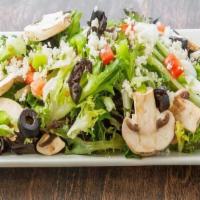 Garden Salad Small · Mixed greens, black olives, green peppers, onion, fresh tomatoes, croutons, mozzarella cheese
