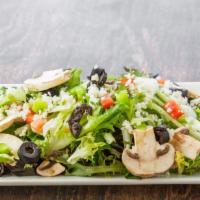 Garden Salad Large · Mixed greens, black olives, green peppers, onion, fresh tomatoes, croutons, mozzarella cheese