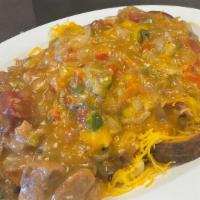 The Heep · country potatoes smothered with meat, onions, tomatoes, green chili, bell pepper, cheese & t...