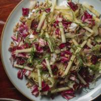 Farro-Salad · Farro, radish, fennel, tomatoes, pistachios, arugula, Parmigiano Reggiano with lemon vinaigr...