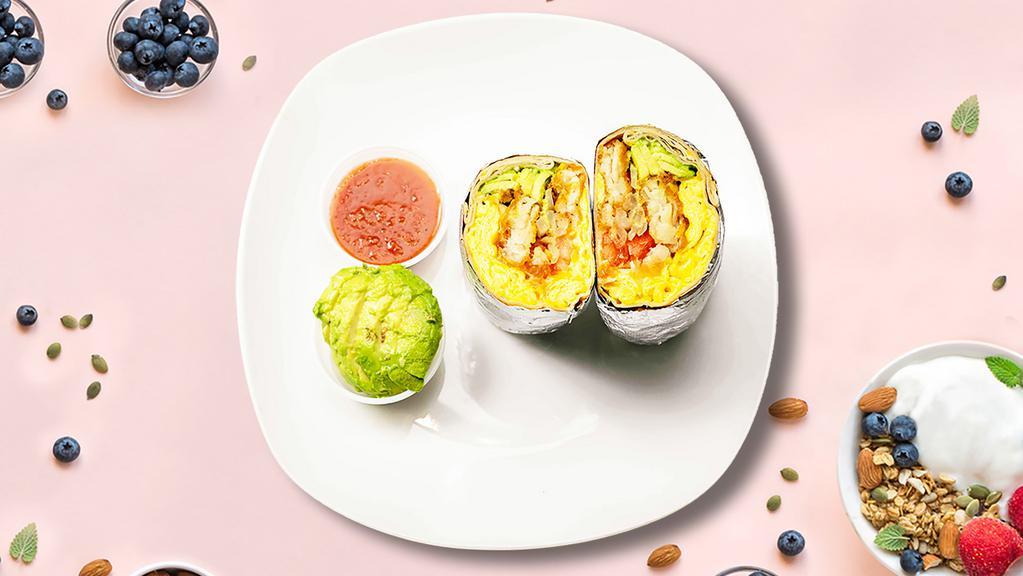 Avo Good Day! Breakfast Burrito · Avocado, eggs, chunky potatoes, american cheese, tomatoes and caramelized onions wrapped in a flour tortilla