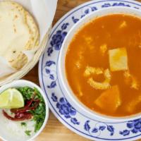 Menudo · Beef stomach soup includes one order of 5 corn tortillas. 
(Does not come with hominy)