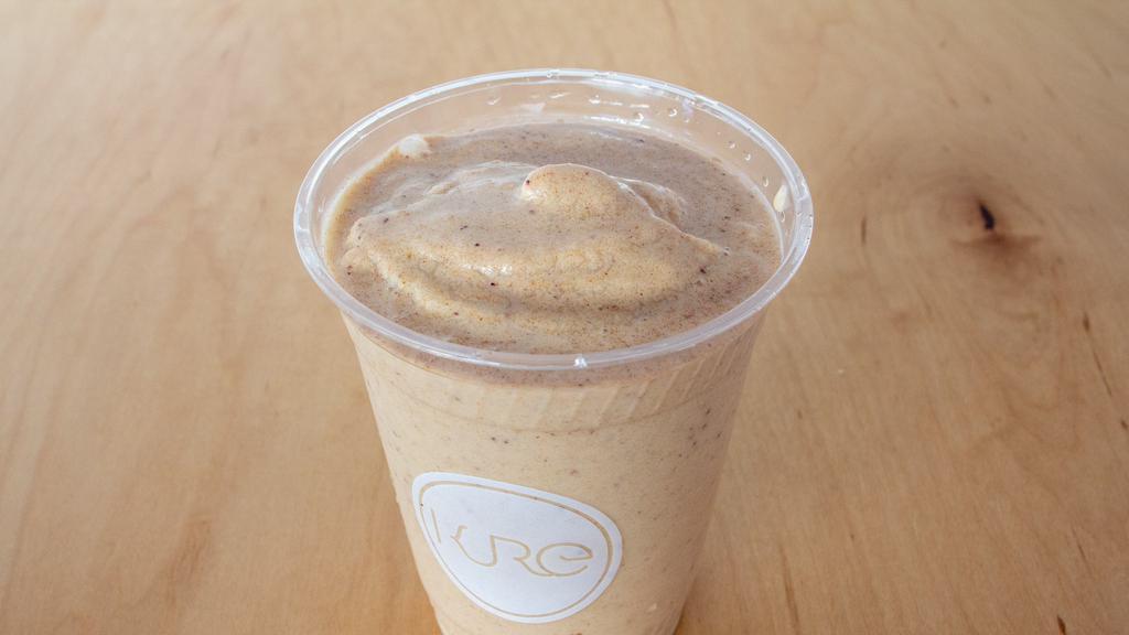 The Builder Shake · Almond butter, vanilla lucuma protein, banana, coconut water, and ice.