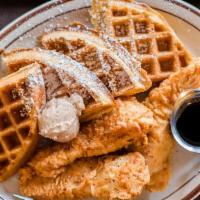 Fried Chicken & Waffles (3  Chicken Breast Strips) · cinnamon belgian waffle served with sweet butter & maple syrup & 3 hand-breaded to order cri...