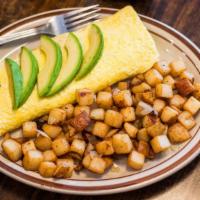 Californian Omelette · Bacon, diced tomatoes, and cheddar cheese topped with sliced avocados.