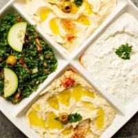 Mazzah Plate · Plate of Hummus, Baba Ganoush, Tabouleh and Tzatziki. And 2 pc pita