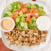 Chicken Shawarma Plate  · Chicken Shawarma on rice or salad, side salad and Tzatziki.