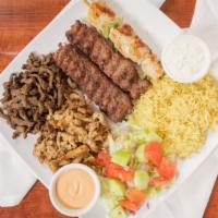Combo Plate · Mixed plate, Chicken Kabab, Shawarma, rice and salad.