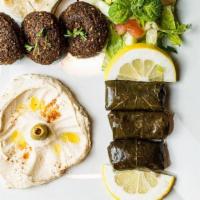 Veggie Plate  · Two pieces of falafel & two pieces of grape leaves, baba ghanoush, hummus.