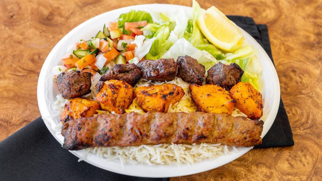 King Sultani · Combination of Tikka, Kofta, and chicken. Served with rice, salad and fresh bread.