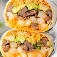 Seoul Train Burrito · Your choice of protein, french fries, shredded lettuce, pickled onions, kimchi fried rice, c...
