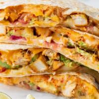 Crispy Quesadilla · Your choice of protein, cheddar jack cheese, kimchi, pickled onion, scallion, cilantro, and ...