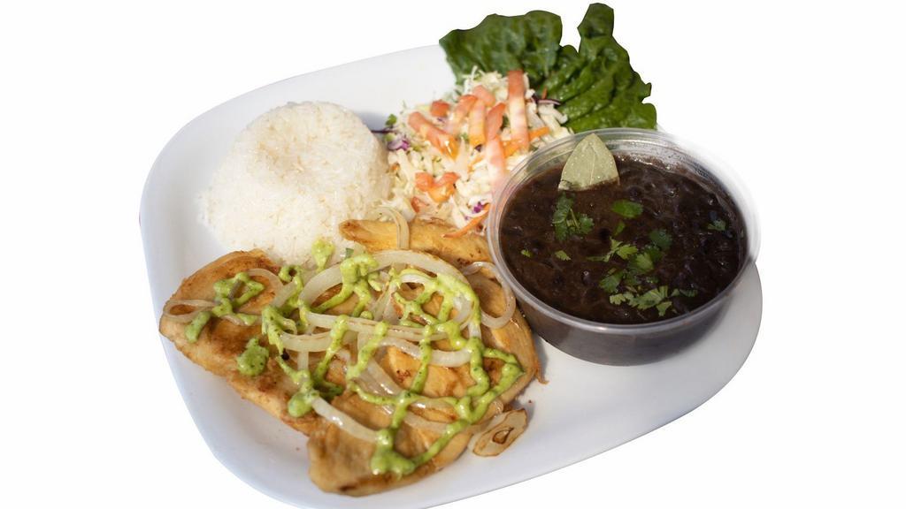 Grilled Chicken Plate · Grilled chicken breast. Served with rice, black beans, salad, onion and green sauce.