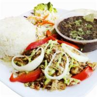 Lechon Plate · Shredded pork. Served with rice, black beans, salad, onion, bell pepper and green sauce.