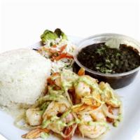 Camaron Al Ajillo Plate · Shrimp in garlic sauce. Served with rice, black beans, salad, onion and green sauce.