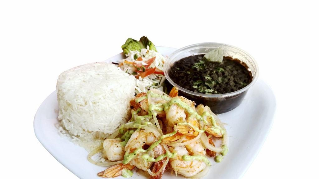 Camaron Al Ajillo Plate · Shrimp in garlic sauce. Served with rice, black beans, salad, onion and green sauce.
