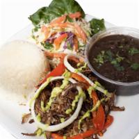 Vaca Frita Plate · Top menu item. Crispy beef. Served with rice, black beans, salad, onion, bell pepper and gre...