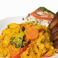 Vegan Plate · Vegan. Rice with vegetables, onion, bell pepper, cilantro. Served with deep fried plantain a...